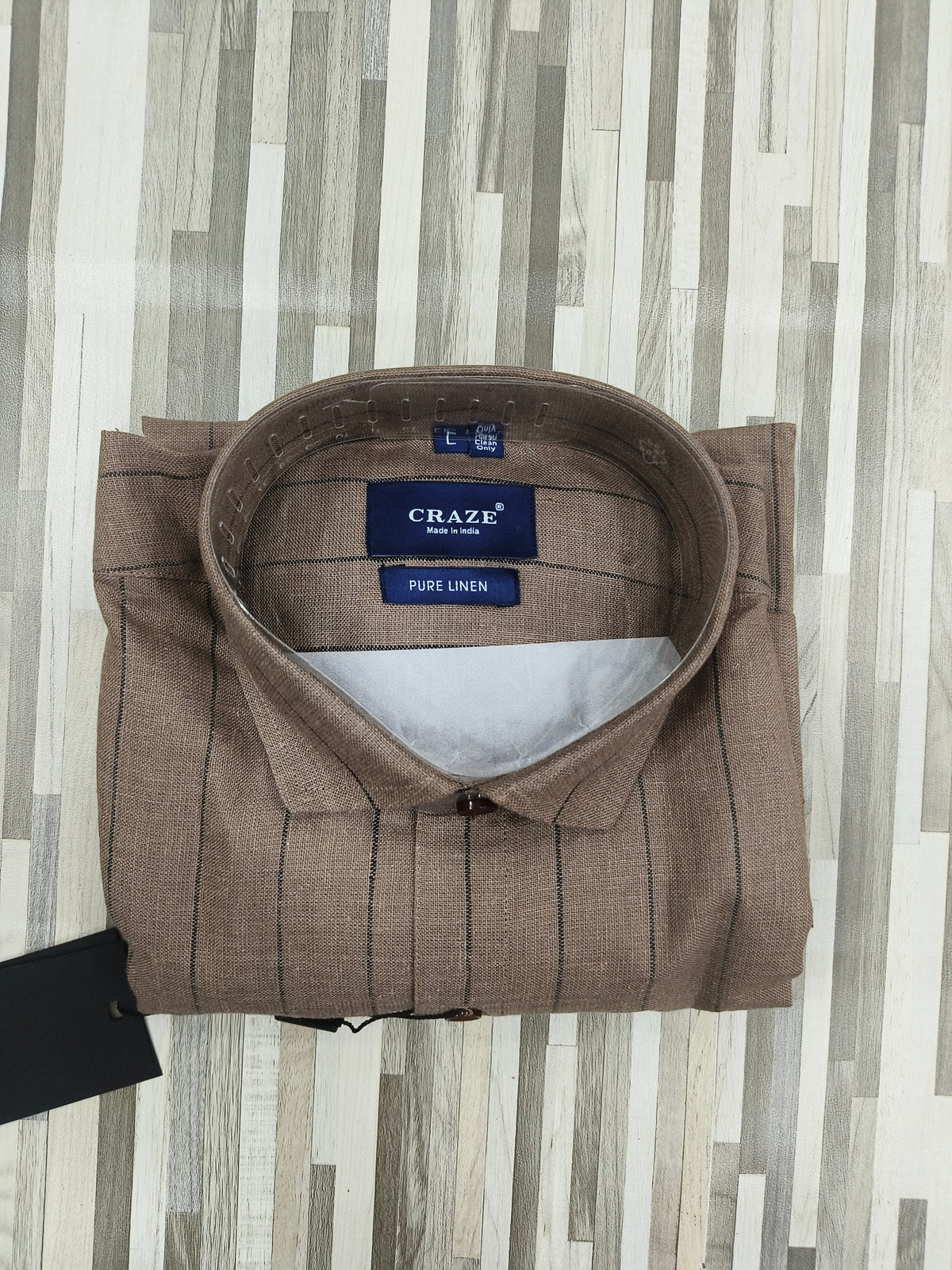 Men's Pure Linen Shirt – Beige with Black Stripes