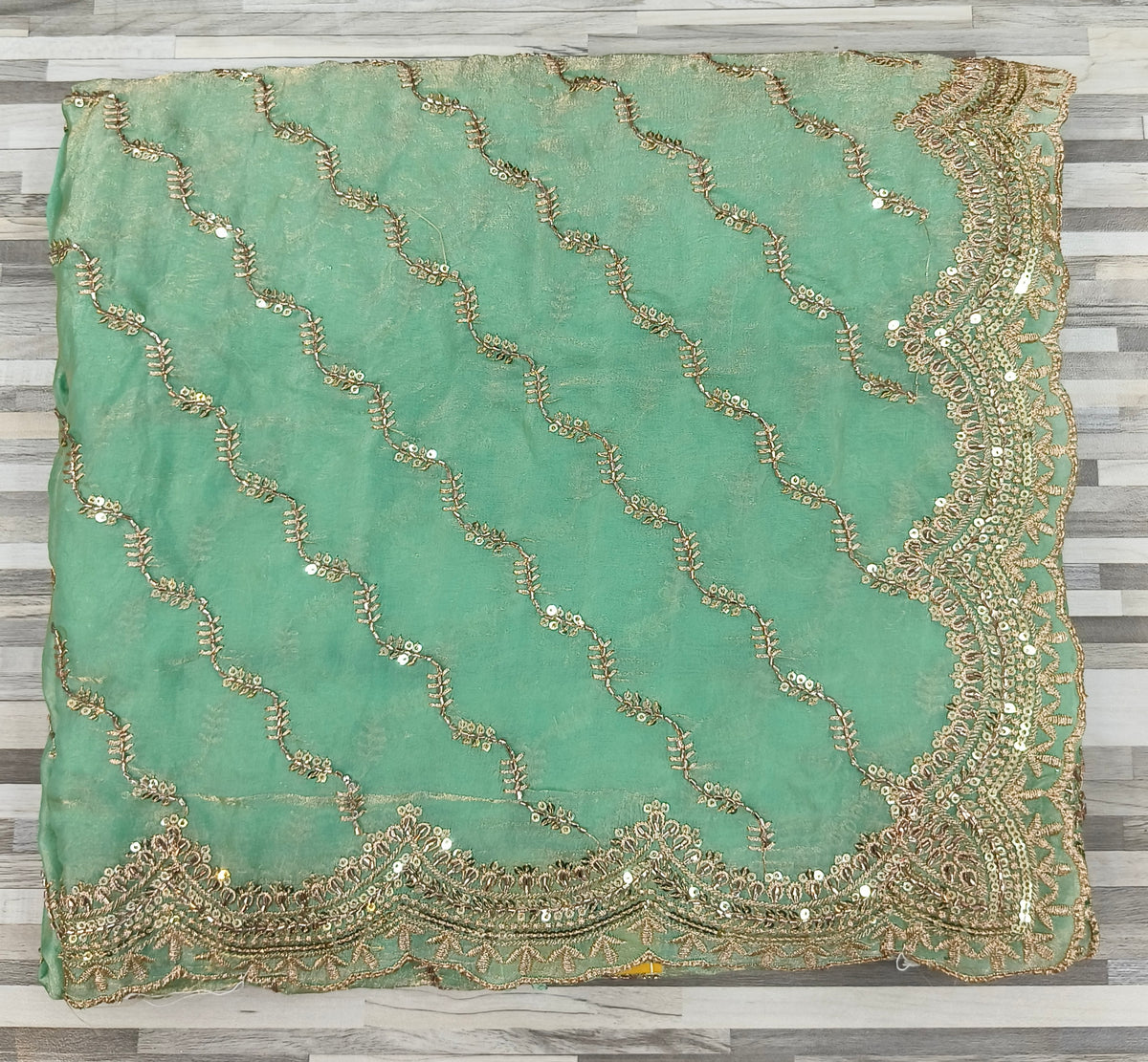 Premium Fendy Chiffon Saree – Wavy Sequin Work with Designer Border