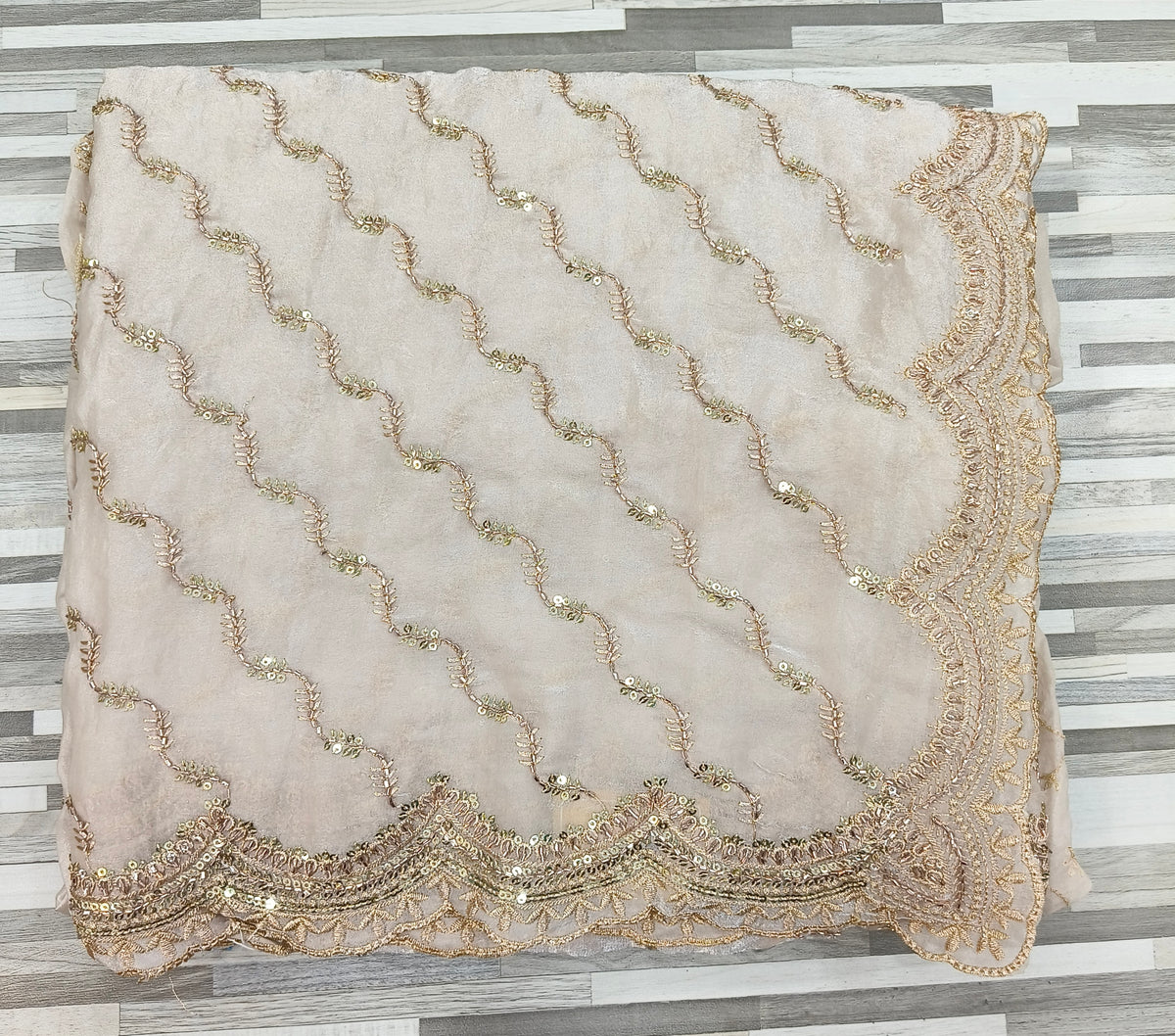 Premium Fendy Chiffon Saree – Wavy Sequin Work with Designer Border