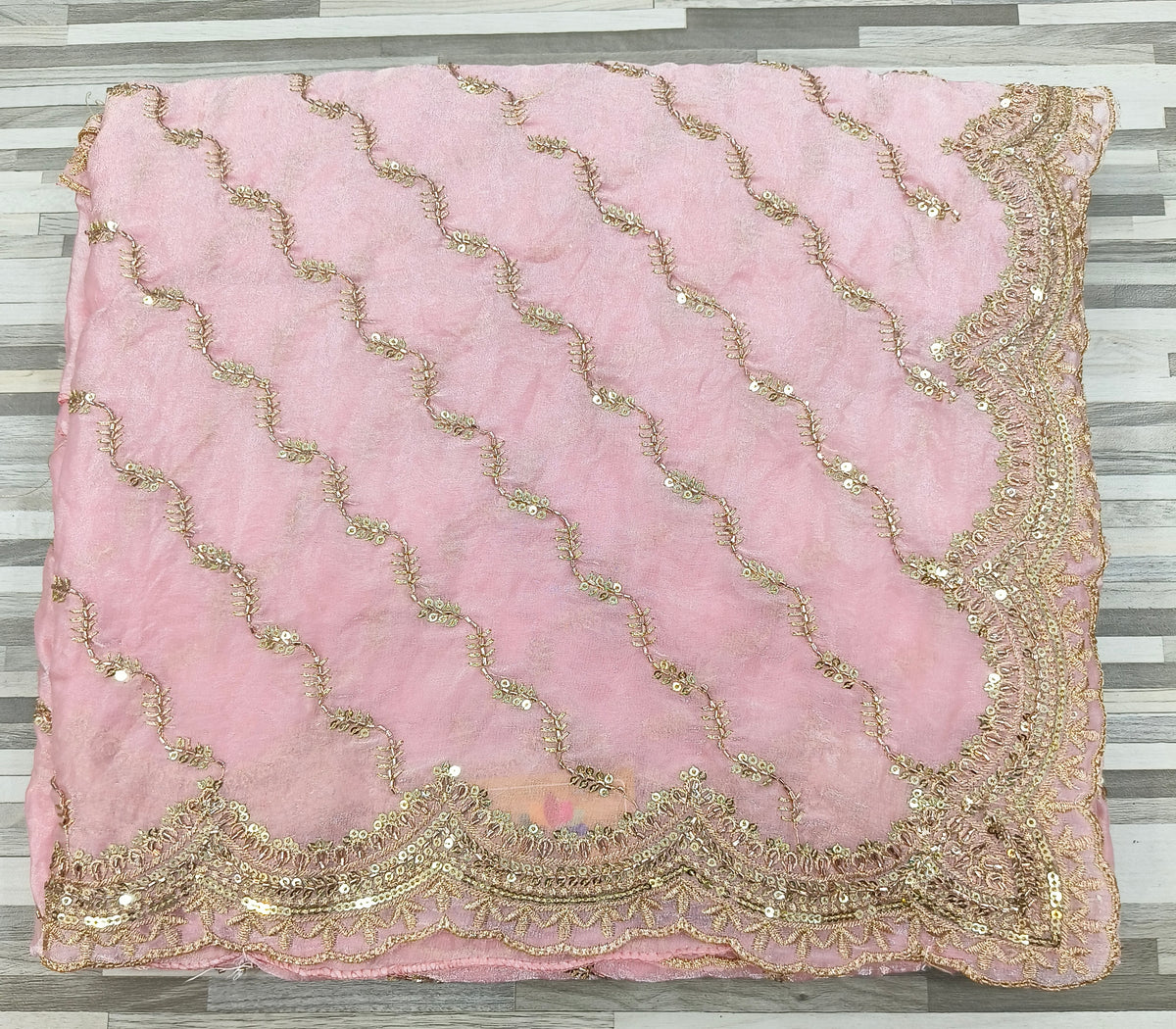 Premium Fendy Chiffon Saree – Wavy Sequin Work with Designer Border