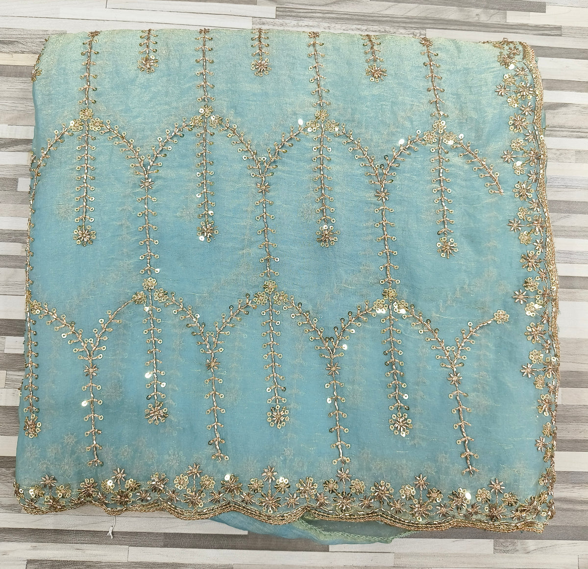 Premium Fendy Chiffon Saree – Designer Arch Pattern with Sequin Embroidery