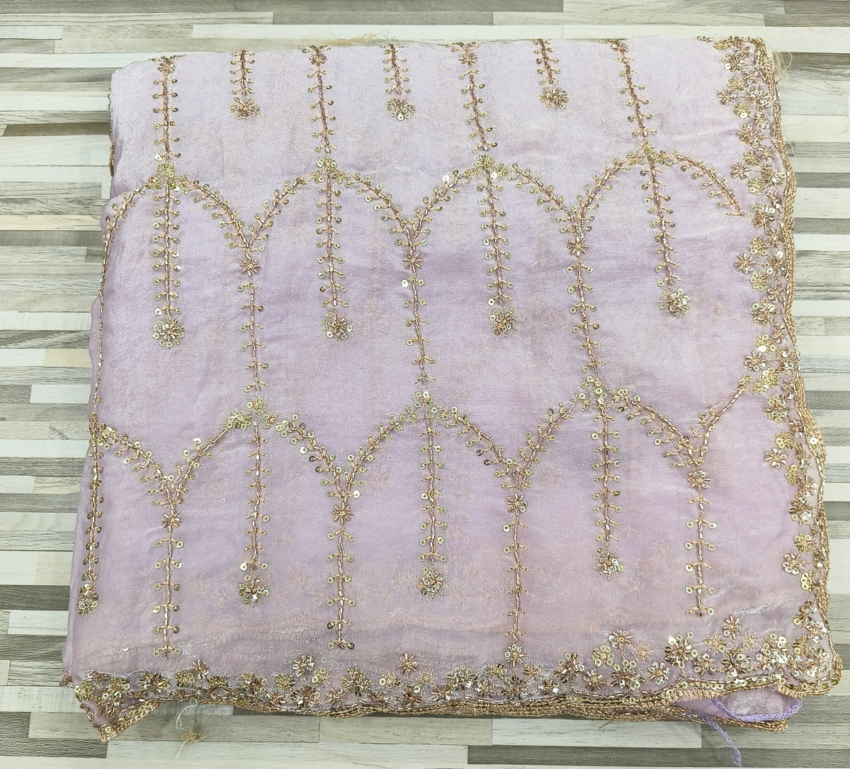 Premium Fendy Chiffon Saree – Designer Arch Pattern with Sequin Embroidery