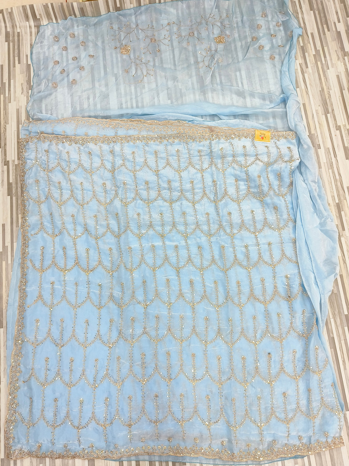 Premium Fendy Chiffon Saree – Designer Arch Pattern with Sequin Embroidery