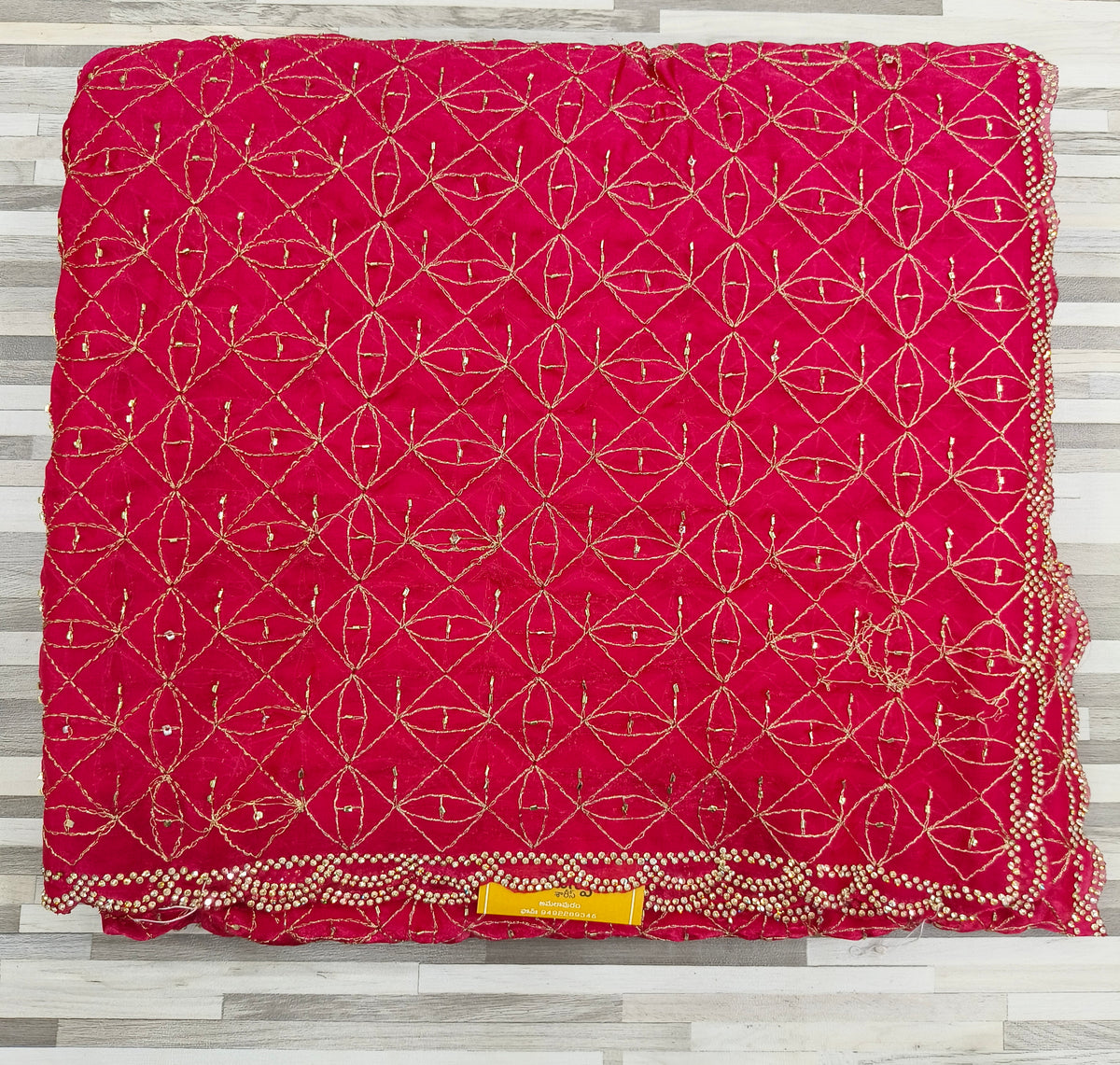Designer Fendy Chiffon Saree – Geometric Sequin Embroidery with Scalloped Border