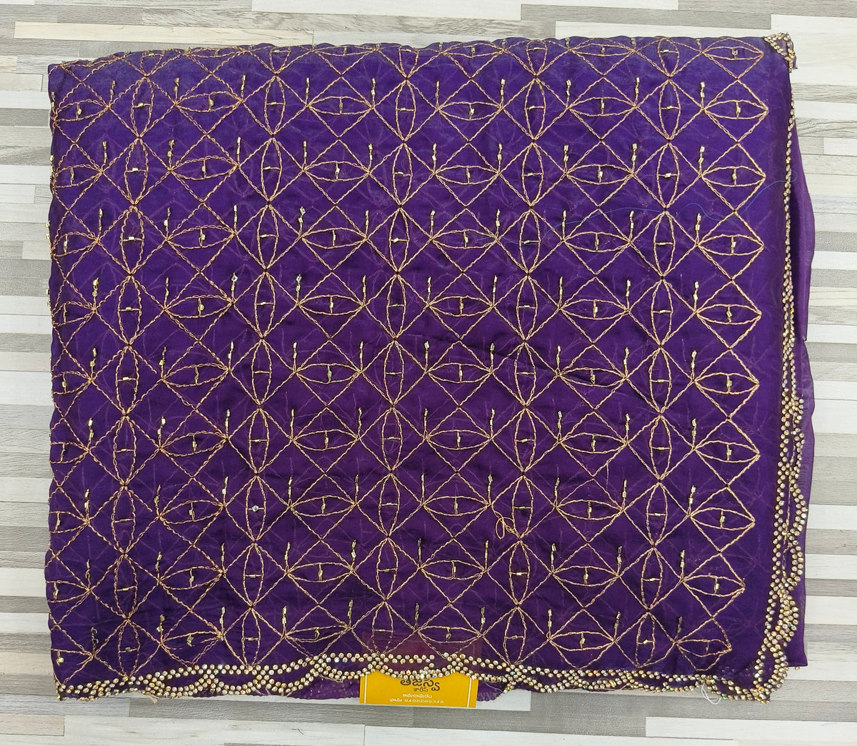 Designer Fendy Chiffon Saree – Geometric Sequin Embroidery with Scalloped Border