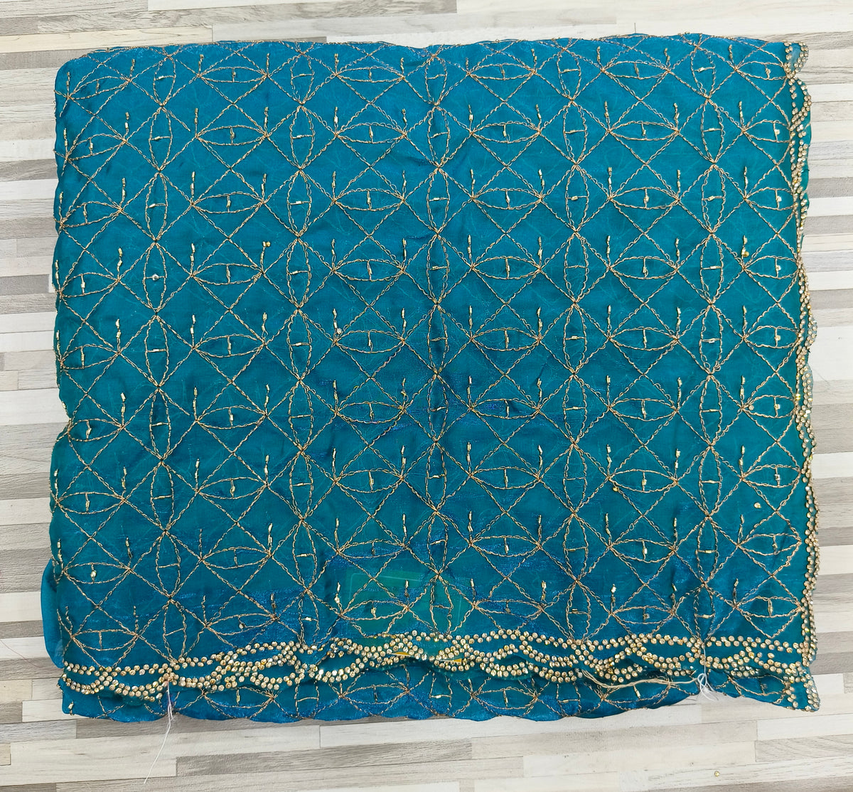 Designer Fendy Chiffon Saree – Geometric Sequin Embroidery with Scalloped Border