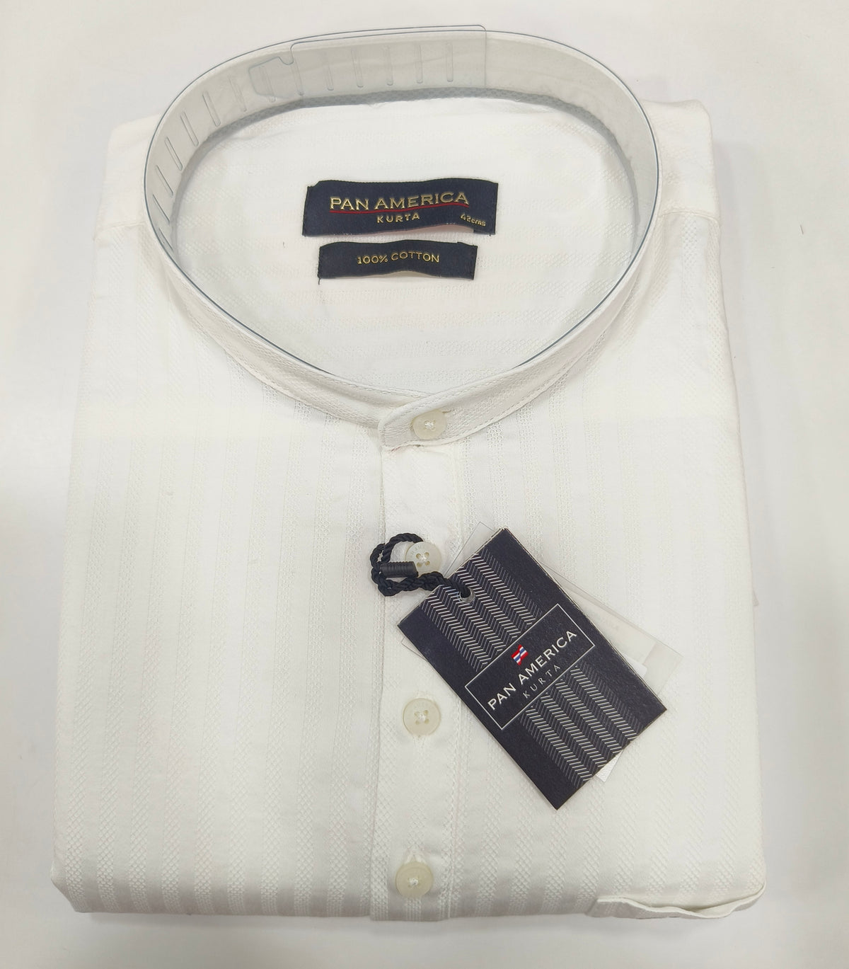 Pan America Kurta 100% Cotton Men’s Kurta Shirt – White Self-Stripe Design