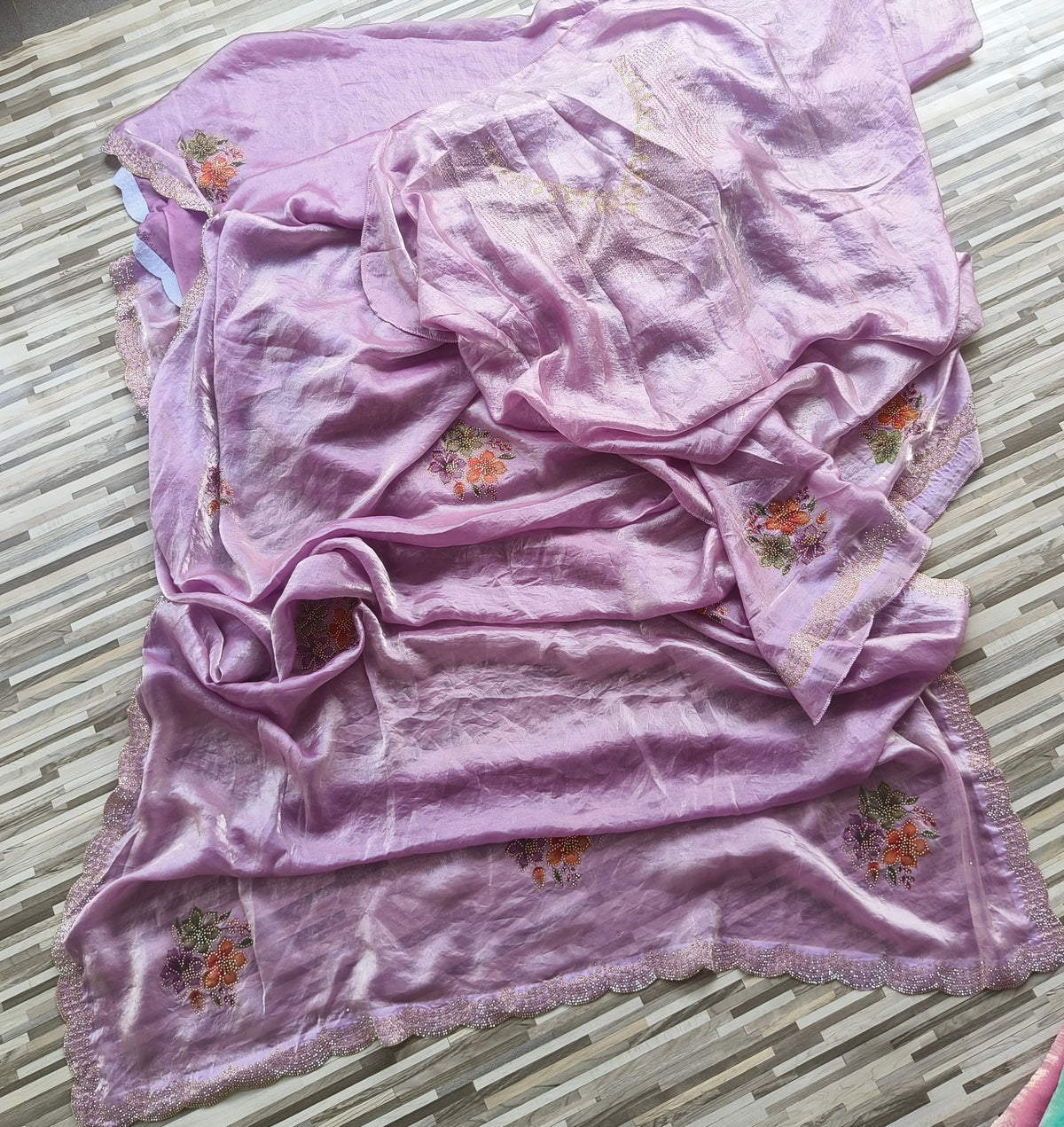 Designer Embroidered Silk-Look Fabric – Floral Work & Border