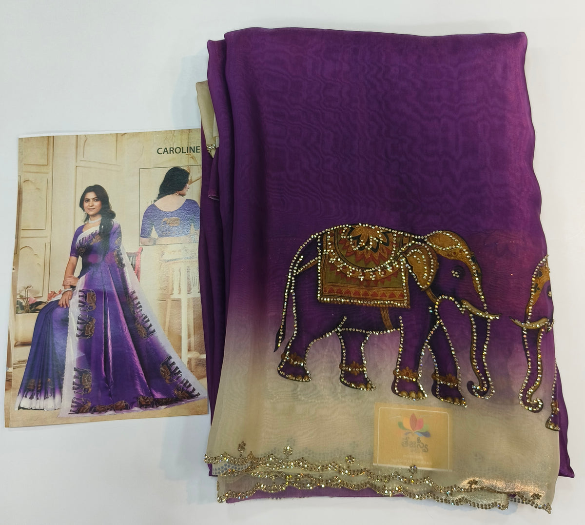 Elegant Elephant Motif Embellished Fendy Chiffon Saree