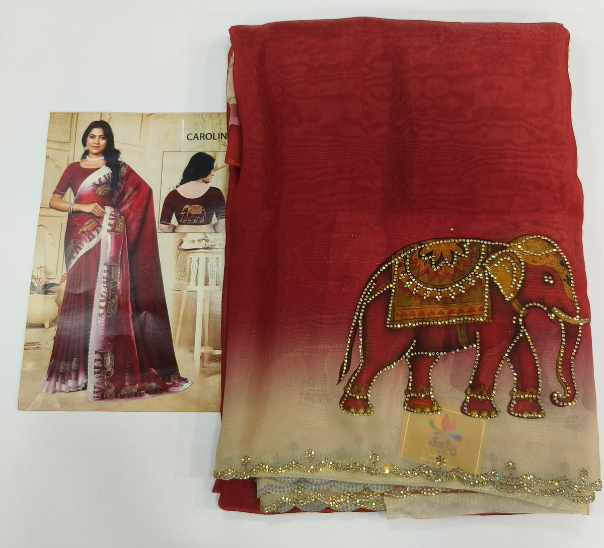 Elegant Elephant Motif Embellished Fendy Chiffon Saree