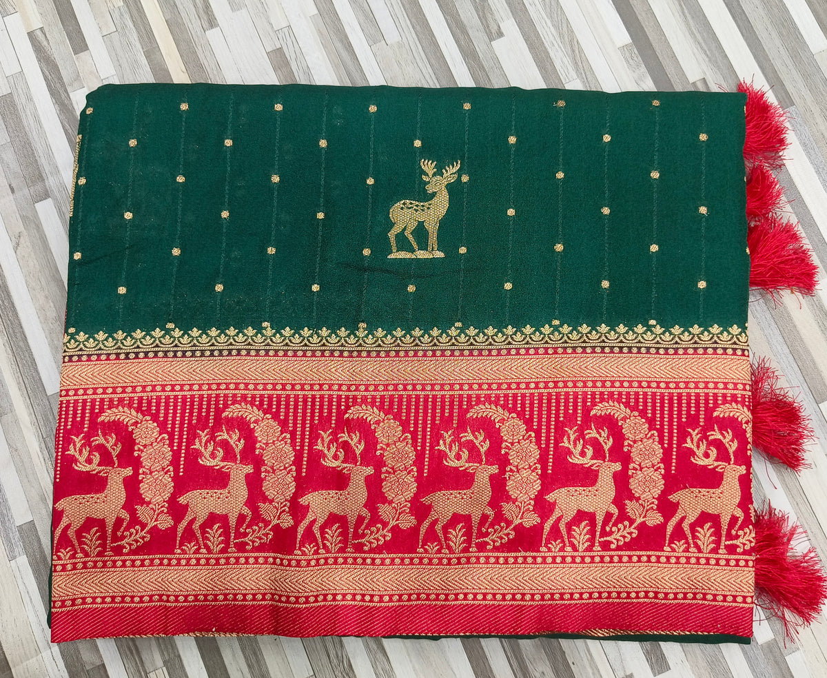 Traditional Deer Motif Woven Saree – Rich Designer Border | Multiple Colors