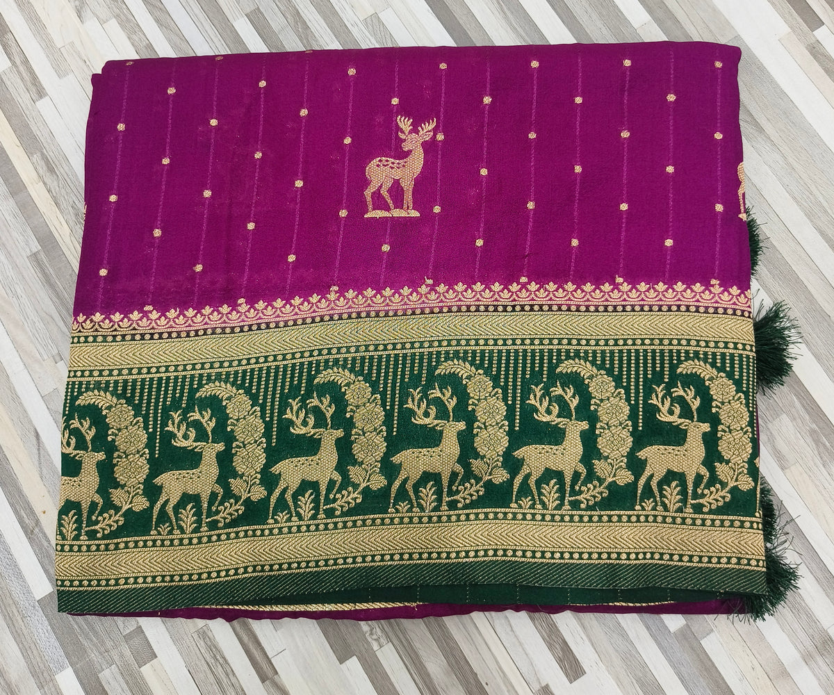 Traditional Deer Motif Woven Saree – Rich Designer Border | Multiple Colors