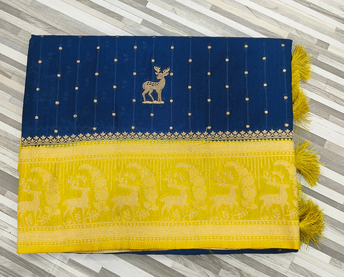 Traditional Deer Motif Woven Saree – Rich Designer Border | Multiple Colors
