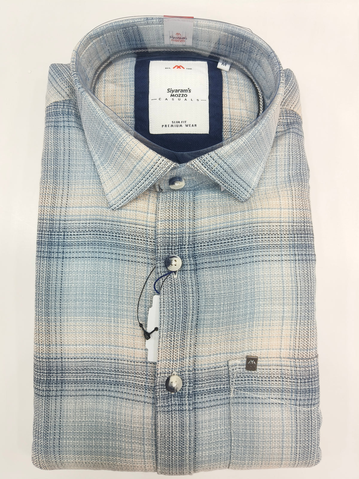 Siyaram’s Mozzo Men’s Slim Fit Check Shirt – Ice Blue & Beige