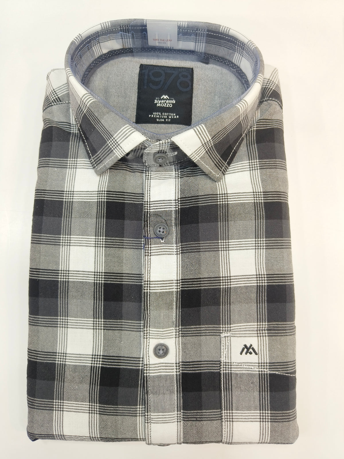 Siyaram’s Mozzo 1978 Men’s Slim Fit Check Shirt – Black, Grey & White