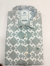 Siyaram’s Mozzo Men’s Printed Cotton Shirt – White with Teal Floral Pattern