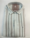Siyaram’s Mozzo Men’s Striped Casual Shirt – White with Brown & Green Stripes
