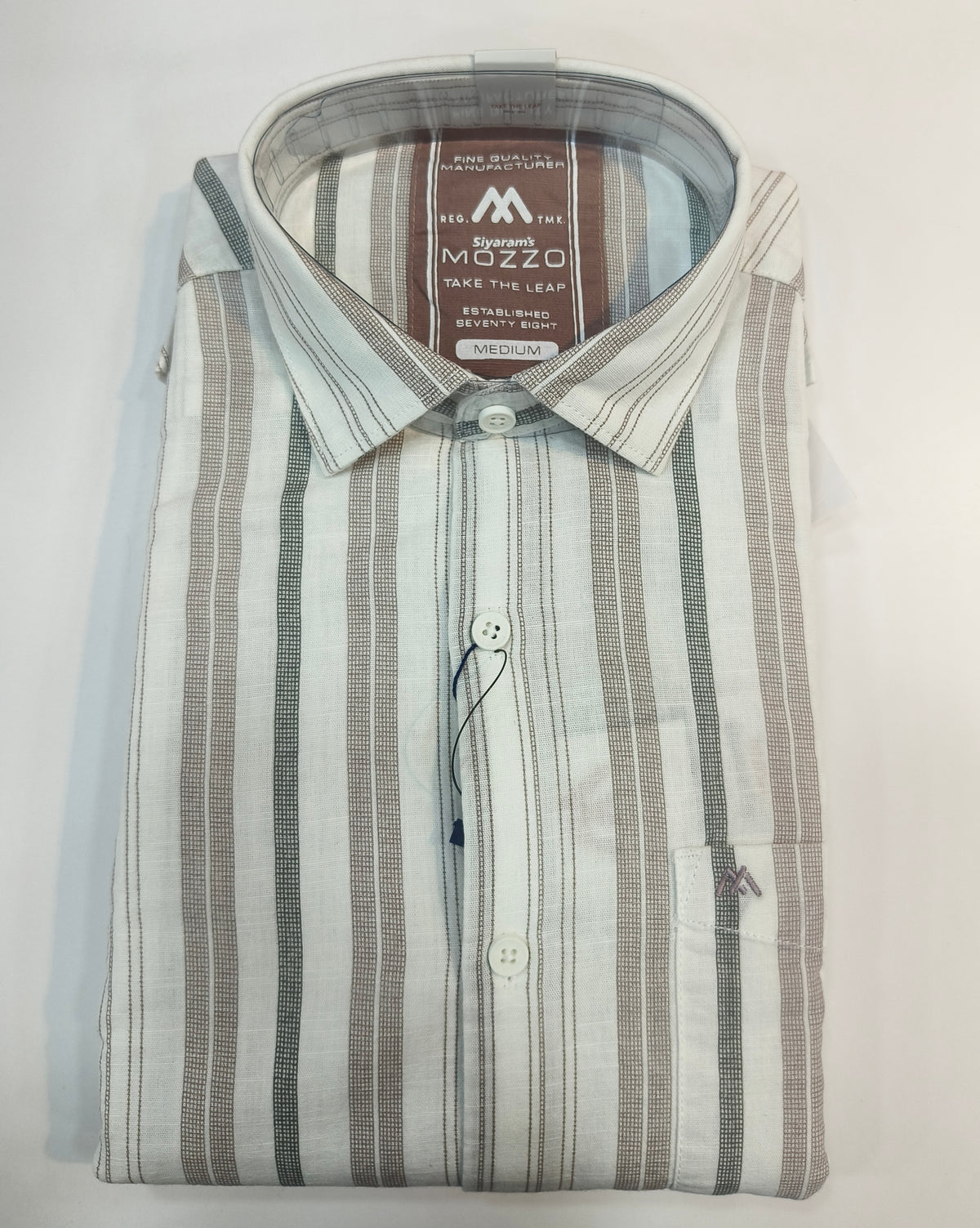 Siyaram’s Mozzo Men’s Striped Casual Shirt – White with Brown & Green Stripes