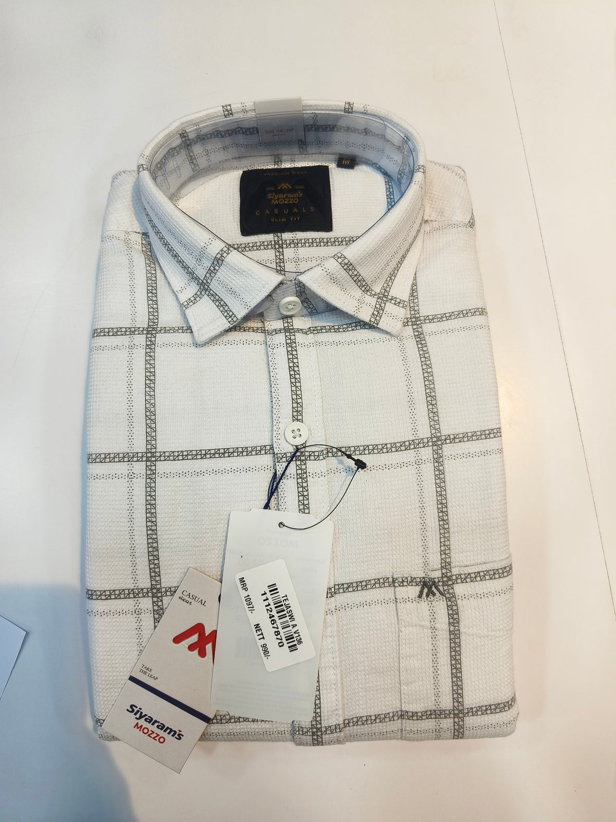 Siyaram’s Mozzo Men’s Slim Fit Checked Shirt – White & Grey Grid Pattern