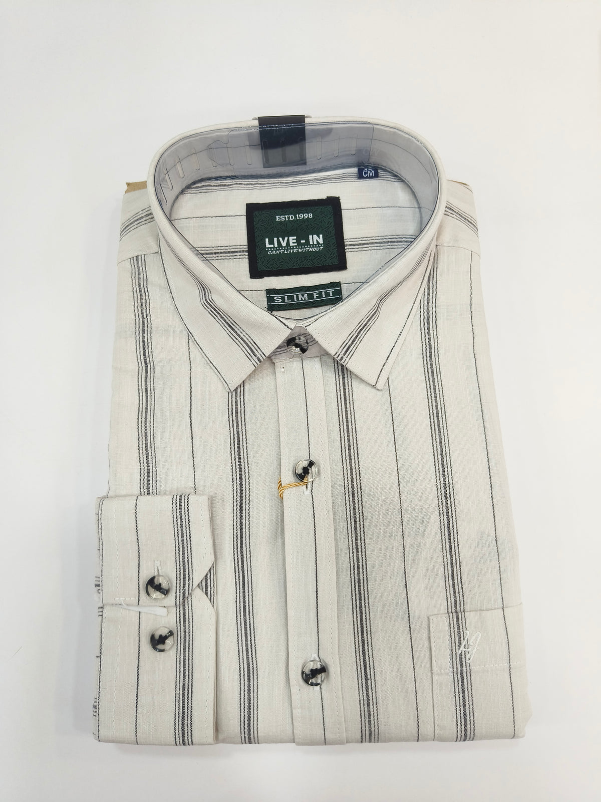 Live-In Men’s Slim Fit Striped Shirt – Off White with Charcoal Stripes
