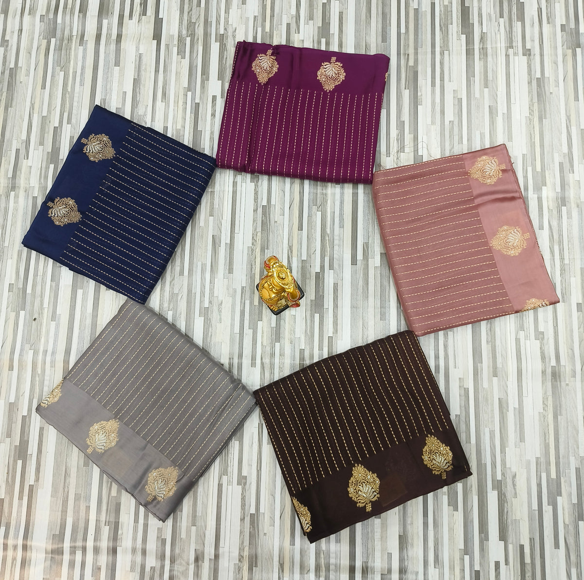 : Elegant Gold Butta Saree with Striped Design