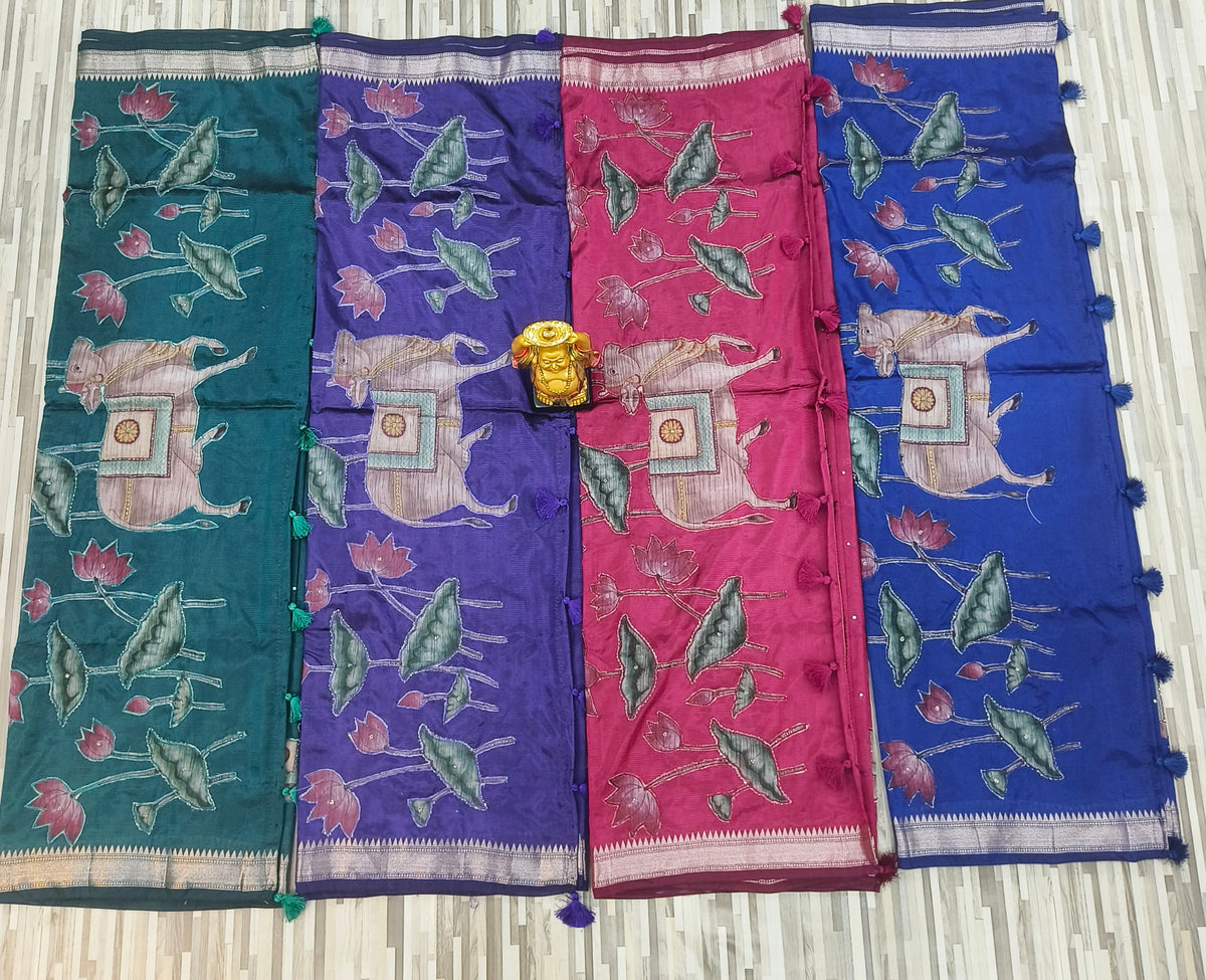 Traditional Elephant Print Saree with Contrast Border