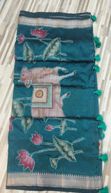 Traditional Elephant Print Saree with Contrast Border