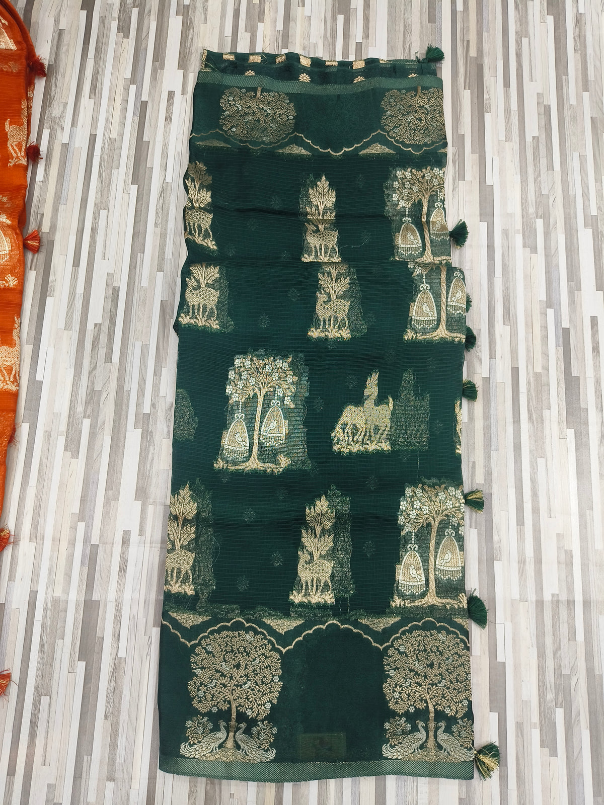 Traditional Tree & Temple Motif Sarees – Orange and Dark Green