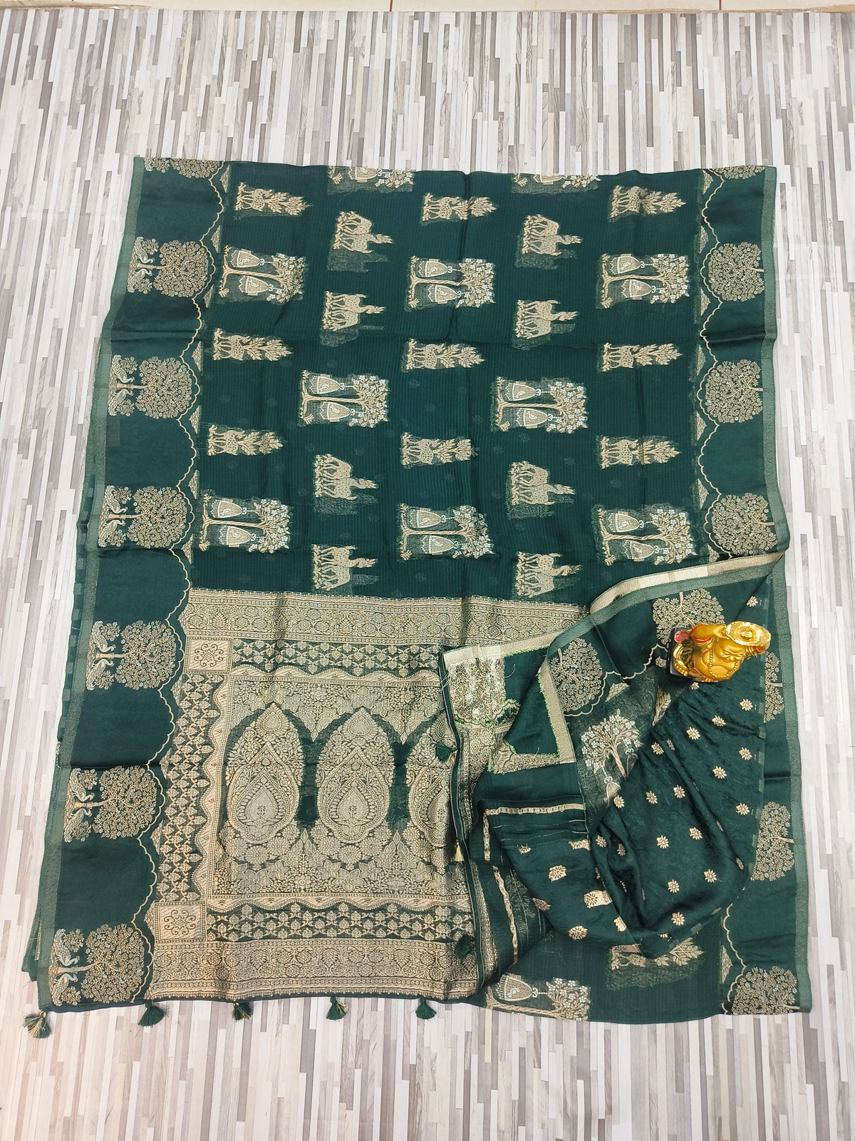 Traditional Tree & Temple Motif Sarees – Orange and Dark Green