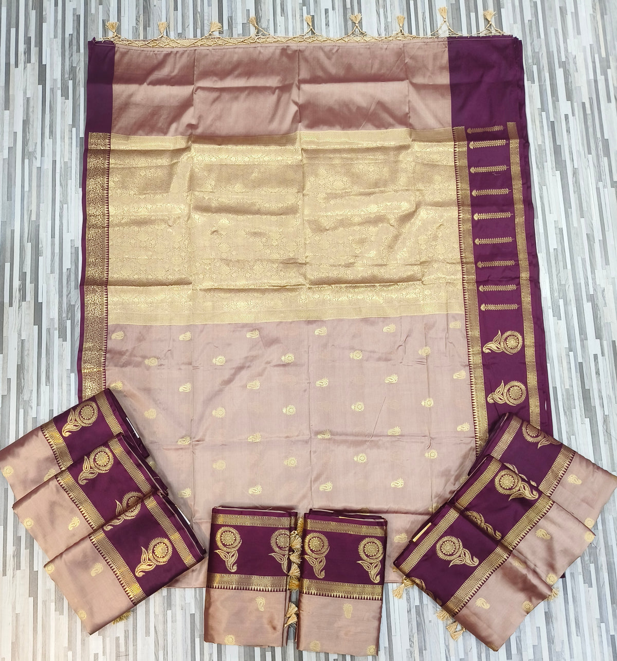 Elegant Wine & Rose Gold Zari Border Saree – Bulk / Wholesale Collection