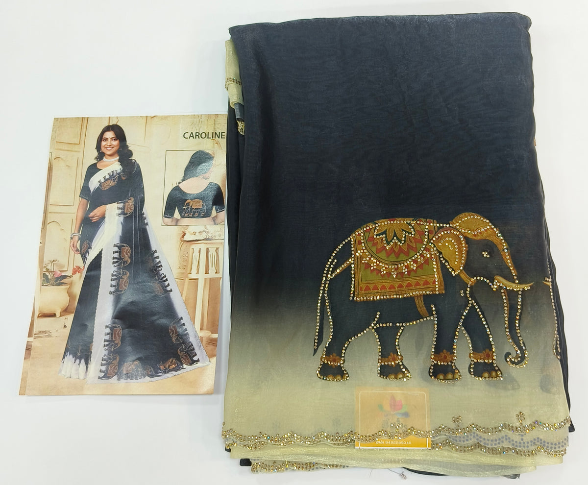 Elegant Elephant Motif Embellished Fendy Chiffon Saree