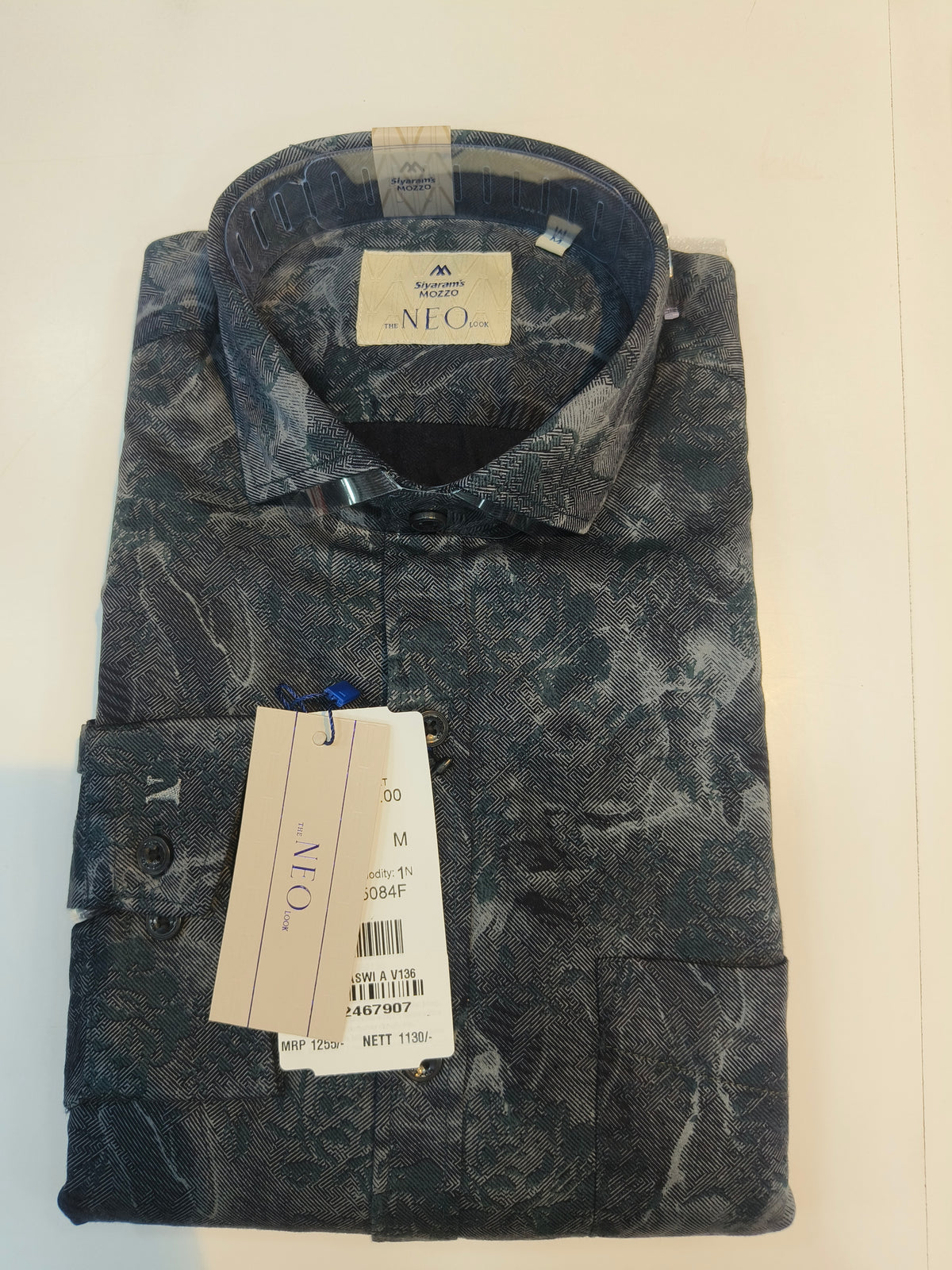 Siyaram’s Mozzo Neo Look Men’s Slim Fit Printed Shirt – Charcoal Grey Abstract Design