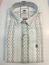 Siyaram’s Mozzo Men’s Printed Casual Shirt – White with Brown Geometric Pattern