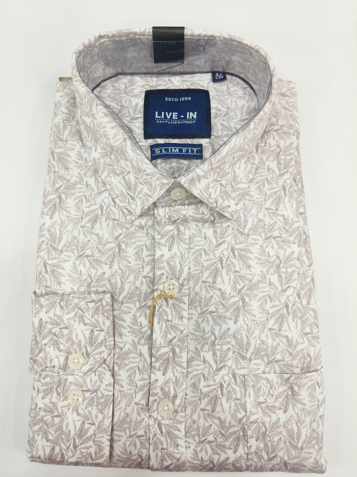 Live-In Men’s Slim Fit Leaf Print Shirt – Off White with Mauve Grey