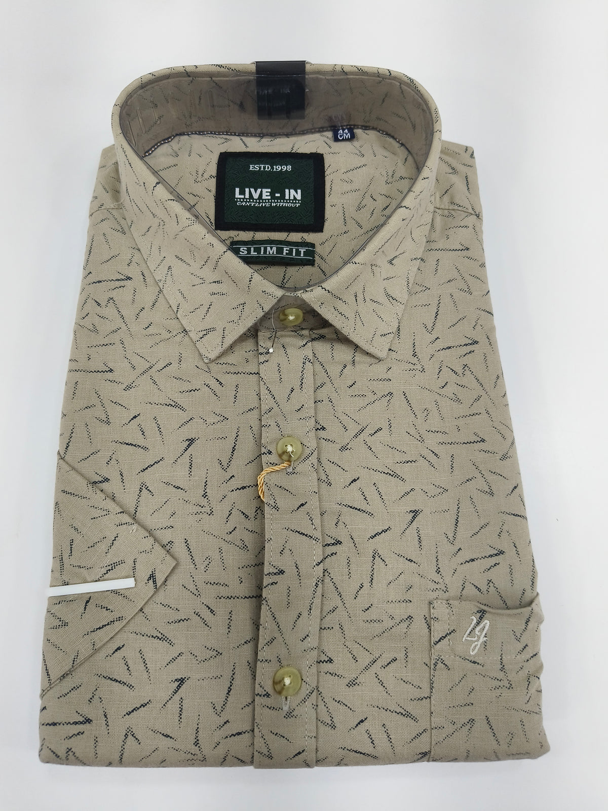 Live-In Men’s Slim Fit Printed Shirt – Beige with Black Abstract Pattern