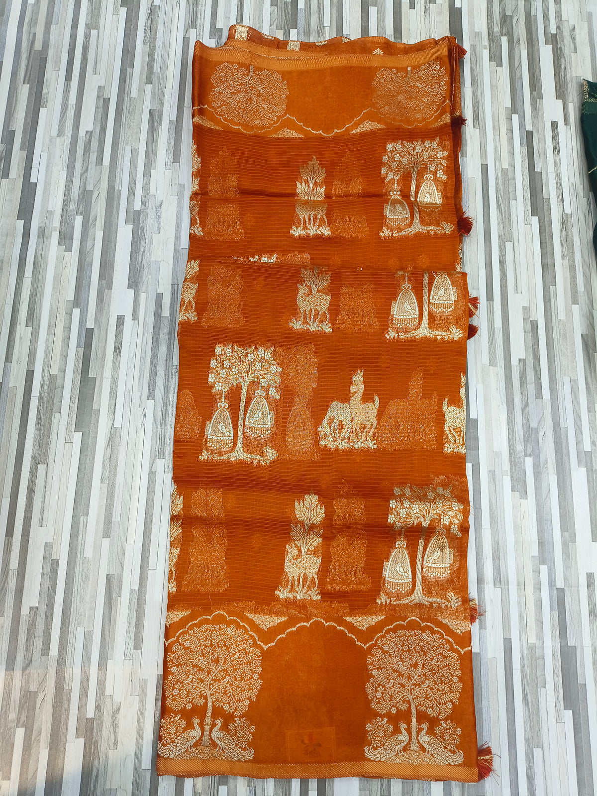 Traditional Tree & Temple Motif Sarees – Orange and Dark Green
